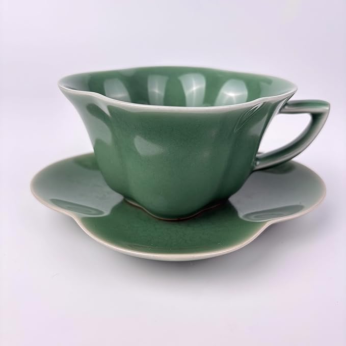 Ceramic Lotus Flower Cup and Saucer Set, Glazed Finish, Tea Cup with Matching Saucer, Green and Teal (Sage green glaze)