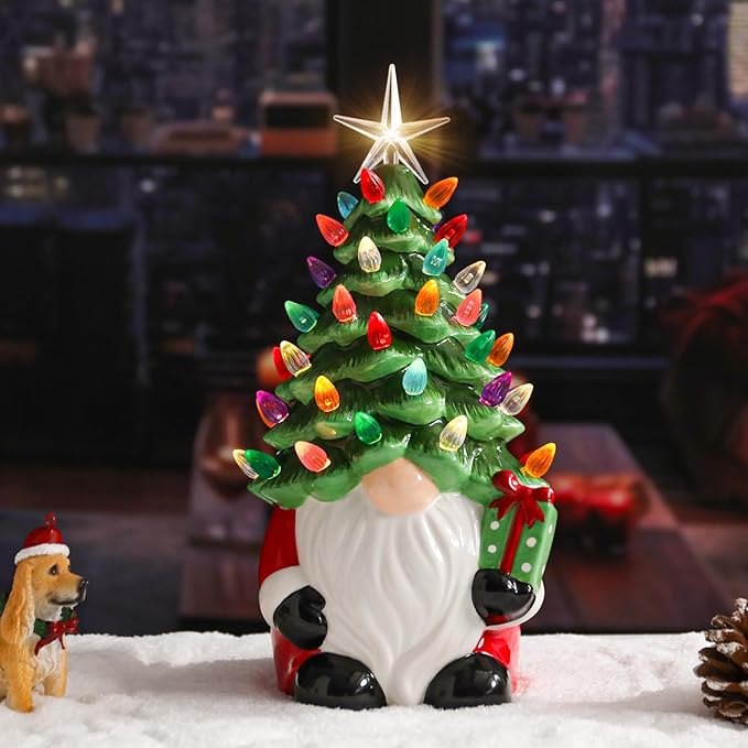 VCUTEKA Small Ceramic Christmas Tree Hand-Painted Vintage Tabletop Christmas Tree Holiday Decoration with Multi-Color Lights Green Gnome 11 inch