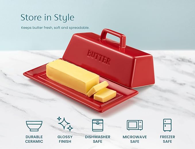 Butter Dish with Lid for Countertop, by Kook, Ceramic Dish Tray with Cover, Kitchen Keeper, Container, Holder (Red)