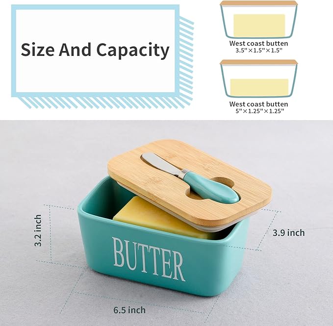 Hasense Porcelain Butter Dish with Lid for Countertop, Large Ceramic Butter Dish with Knife, Airtight Butter Keeper Container with Cover Perfect for East West Coast Butter, Turquoise