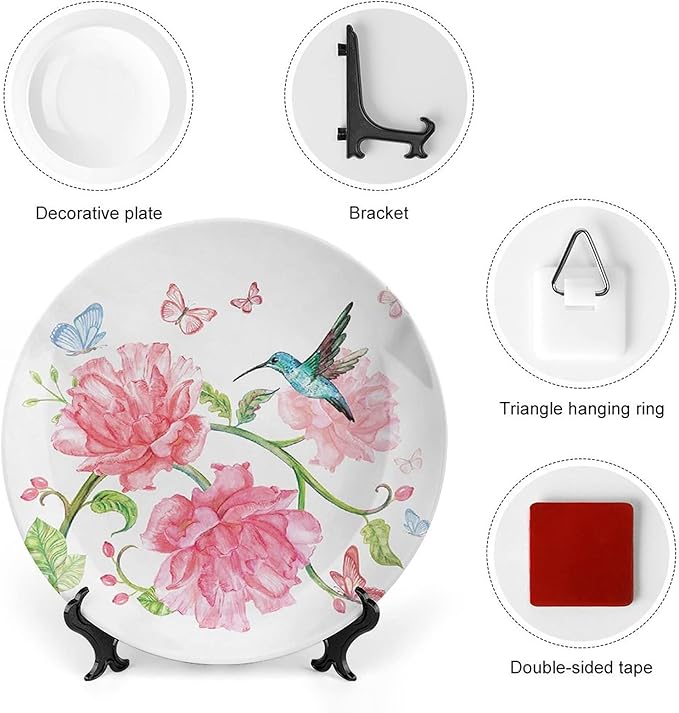 XISUNYA 10 Inch Decorative Plate,Hummingbird Ceramic Stoneware, Vintage Watercolor Butterflies Birds and Flourishing Branch Print Ornament Display Plate for Dining Table Setting, Christmas Tablescape