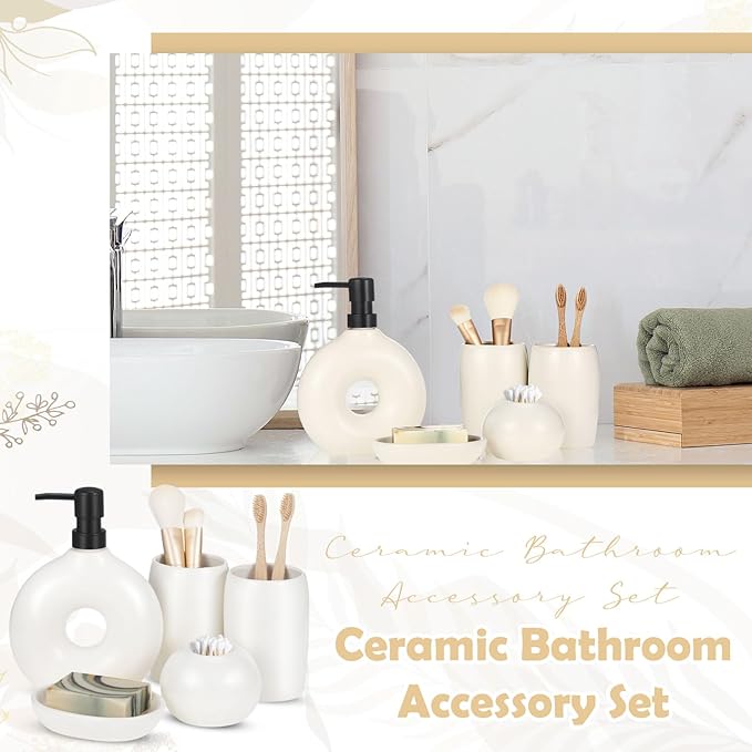 5 Pcs Ceramic Bathroom Accessories Set, Beige Counter Includes Soap Dispenser Toothbrush Cup Holder Soap Box Qtip Holder Stylish Modern Bathroom Matte Glaze Decor(White)