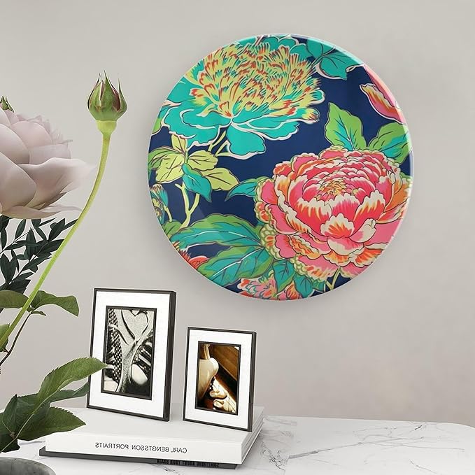 Navy Pink Chinoiserie Peony Floral Fashion Plates, Customize Chinoiserie Peony Floral Ceramic Hanging Decorative Plate, Festival Office Decorations Club, Including Bracket And Special Hook