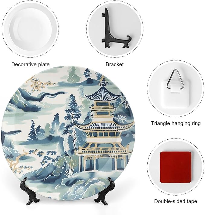 Blue And White Chinoiserie Pagoda Ming Toile Asian Ceramic Decorative Plate for Display Table Art Decoration Supplies Household Office Holiday Party Decorations Customize Gifts for Men Women Holiday
