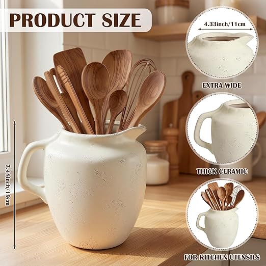 Rustic Kitchen Utensil Holder with Handle,7.48" H Ceramic Vintage Utensil Crock for Countertop, Farmhouse Kitchen Decoration Ceramic Pot for Spatulas Spoons Tongs(Novelty,Antique Cream)
