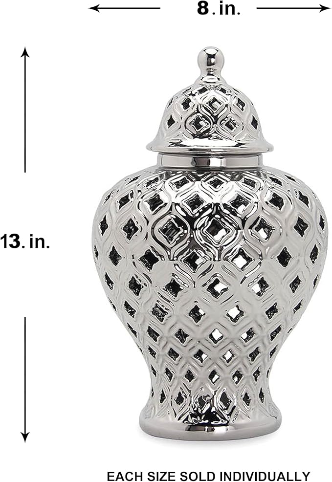 Noori Home - 100% Modern Glam Artisan Ceramic AVA Small Silver Ginger Jar Urns with Lid 8x8x13