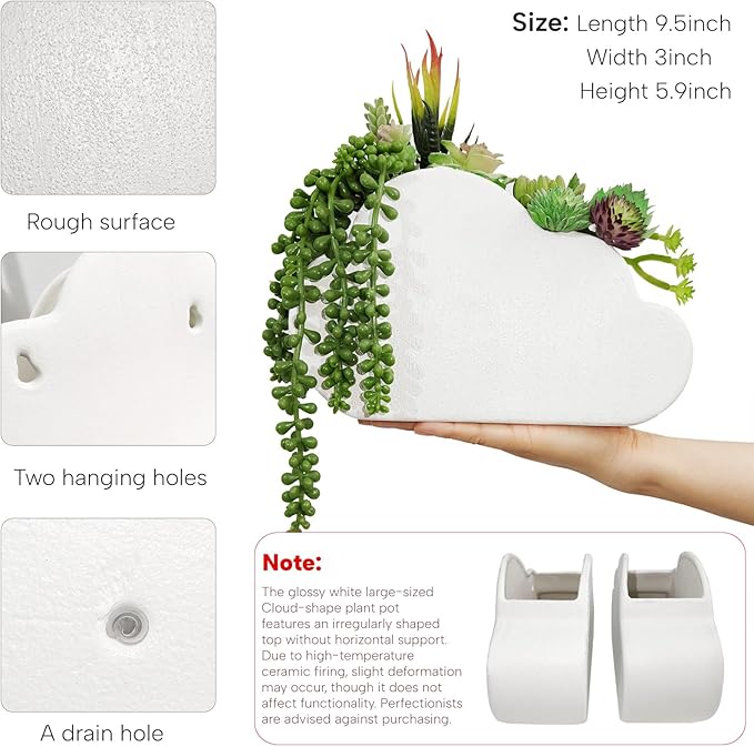 Ceramic Wall Planter,Rough-Glazed Cloud Style Handcrafted Hanging Flower Pot for Indoor Plants, Boho Home Decor with Drainage Hole