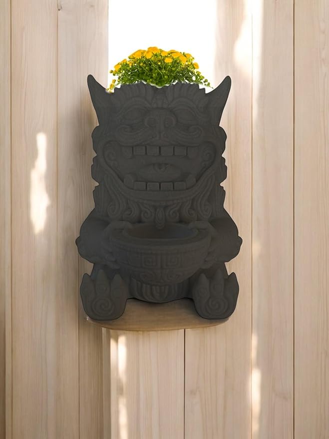 Wall Planter – Chinese Foo Lion Guardian Flower Pot, Hanging Dragon Dog Planter for Indoor & Outdoor Garden Decor, Unique Wall Art for Plants & Succulents (Black, Larger 8" Height)