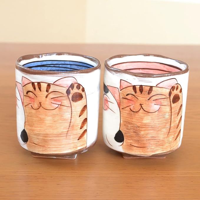 有田焼やきもの市場 Japanese Yunomi Tea Cup for Green Tea set of 2 Arita Imari ware Made in Japan Nakayoshi Neko Three Cats