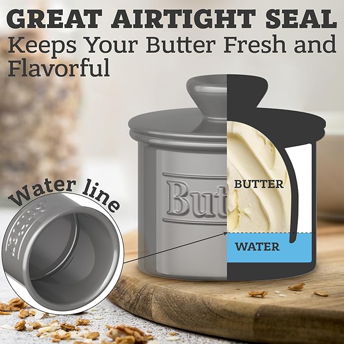 Premium Butter Crock with Lid - Original Design French Butter Dish - Beautiful Ceramic Butter Keeper for Counter with Water Line - Perfect to Keep Butter Soft and Spreadable, Gray