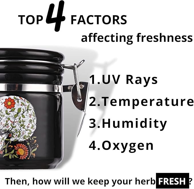 Sugar Skull Stash Jar Half Oz (250ml), Odor Smell Proof Jar Airtight Container Keep Herbs Fresh Storage, Flower Skull Bowl Bottle Holder - Goth Skull Decor Gothic Sugar Skull Gifts for Women -Black