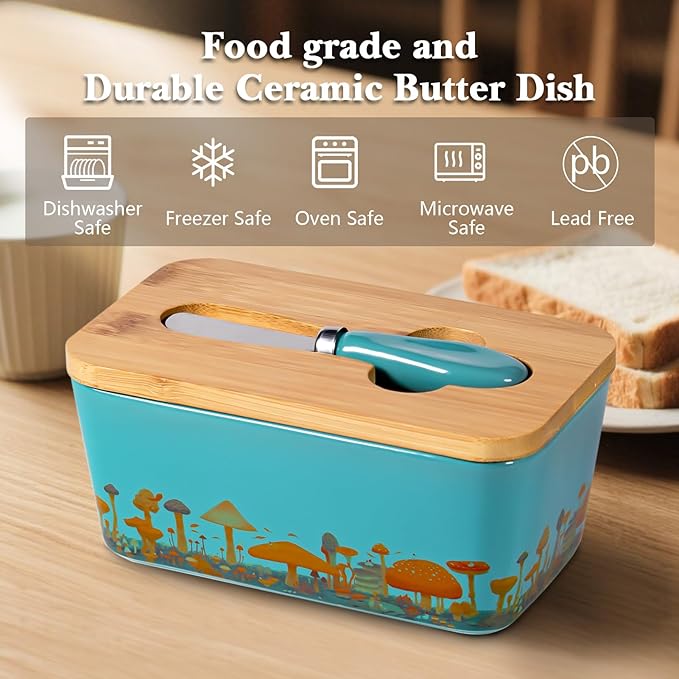 Mushroom Butter Dish with Lid,Large Butter Crock Keeper Saver,Ceramic Butter Container for Countertop with Highly Sealed Silicone Thick Wooden Lid for Kitchen Farmhouse Decor (Thin Blue, Mushroom)