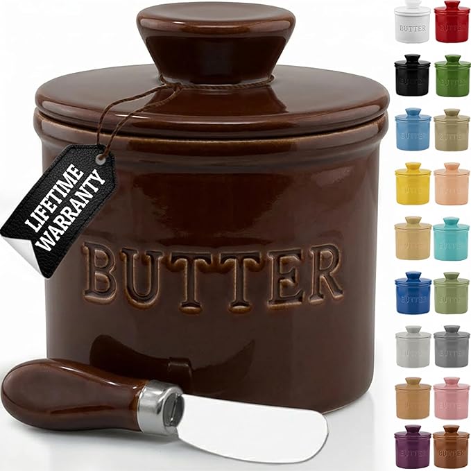 PriorityChef Butter Crock with Lid with Water Line,Ceramic French Butter Dish to Leave On Counter, Chocolate Brown
