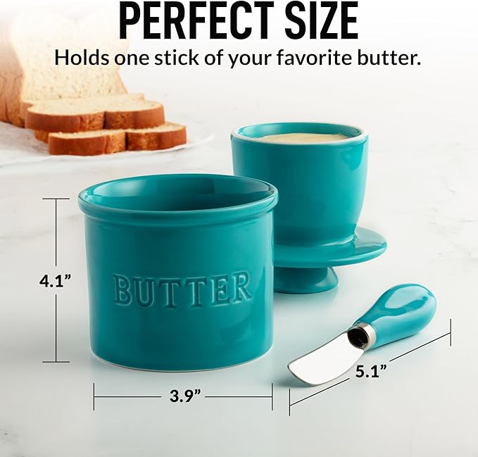Zulay Kitchen Bell Shaped Butter Crock with Lid for Countertop with Water Line & Spreader Knife, Ceramic French Butter Dish Keeper For Fresh, Soft & Spreadable Butter - Turqoise