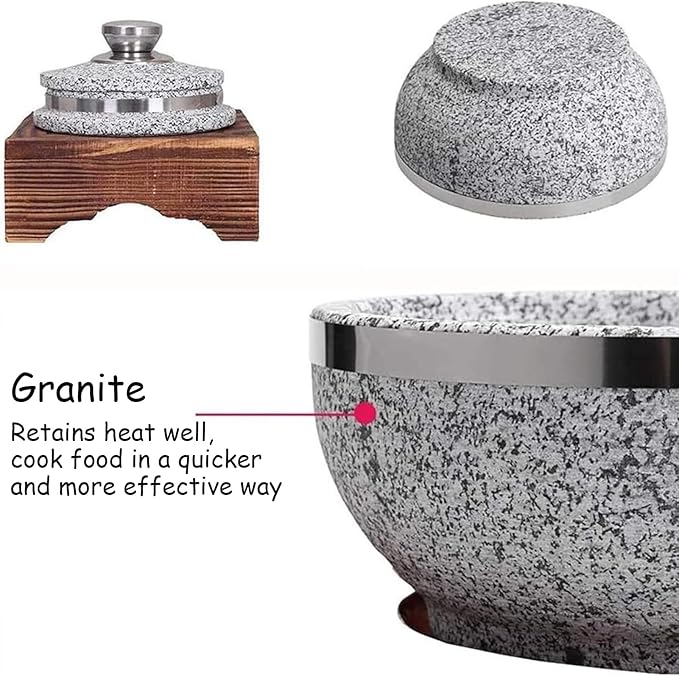 Korean Stone Bowl with Lid, Natural Stone Bowl with Wood Base Thicken Cookware Stone Bowl, Bibimbap Bowl for Korean Soup, Rice and Stew,14cm/5.5inch