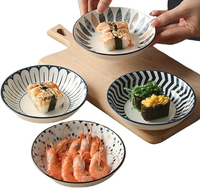 10 oz Ceramic Dessert Bowls Set of 4 Japanese 6 Inch Serving Dishes Shallow Bowls for Side Dishes,Appetizer,Sushi,Salad,Snacks,Fruit,Icecream,Microwave Dishwasher Safe(navy blue)