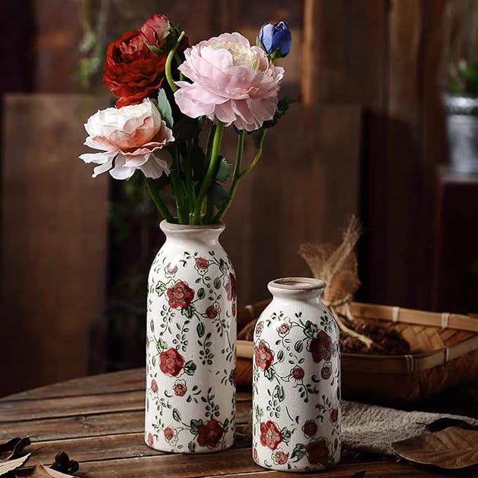 Small Vintage Rustic Flower Vase,Farmhouse Flower Vase for Home Decor,Chinoiserie Ceramic Vases for Table,Bookshelf,Living Room Centerpieces,Boho vases 7.8 Inch