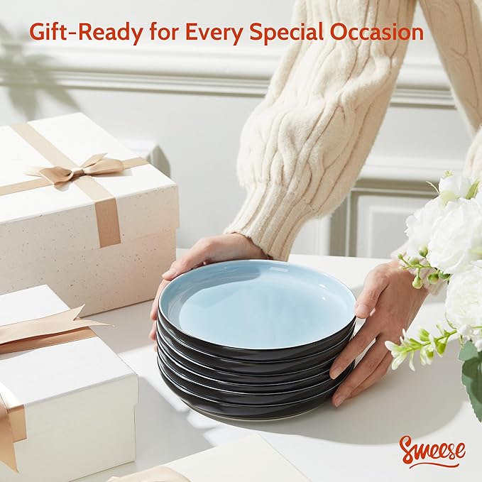 Sweese Porcelain Dessert Plates, 7.4 Inch Lightweight Round Salad Plates Set of 6, Small Appetizer, Small Kitchen Dish, Microwave & Dishwasher Safe, Scratch Resistant Plates set, Black & Blue