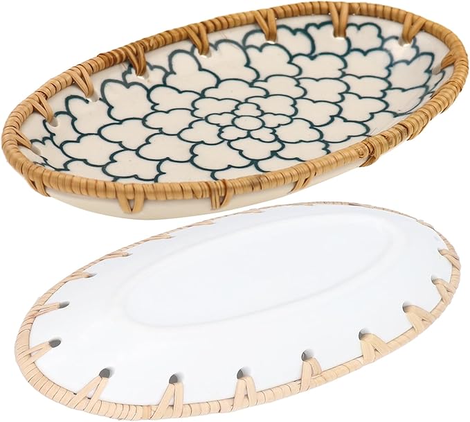Rattan Ceramic Tray, Oval Fruit/Bread/Cookie/Jewelry Small Storage Porcelain Serving Plate, Vintage Decorative Display Plate for Coffee Table Home Decor Wedding Party Gift (White Cloud)