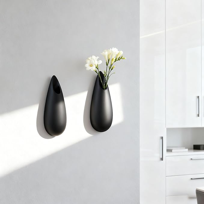 Sculptural Wall Ceramic Vase — 2 Pack Black Hanging Sconce Vase | Turn Flowers into Art — Decorative Ceramic Wall Sconce for Single Stem Displays