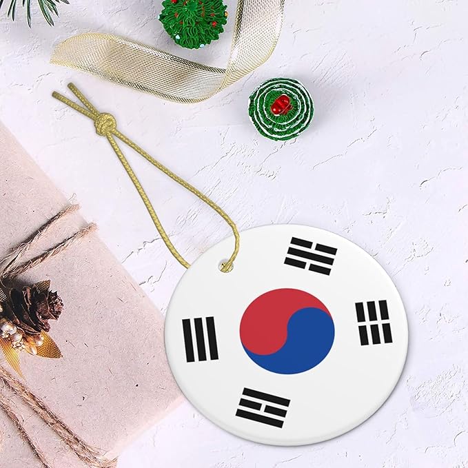 Flag of Republic of Korea Christmas Ornament Round Xmas Ceramic Hanging Ornament for Fireplace Wedding Holiday Party Xmas Decoration Gift