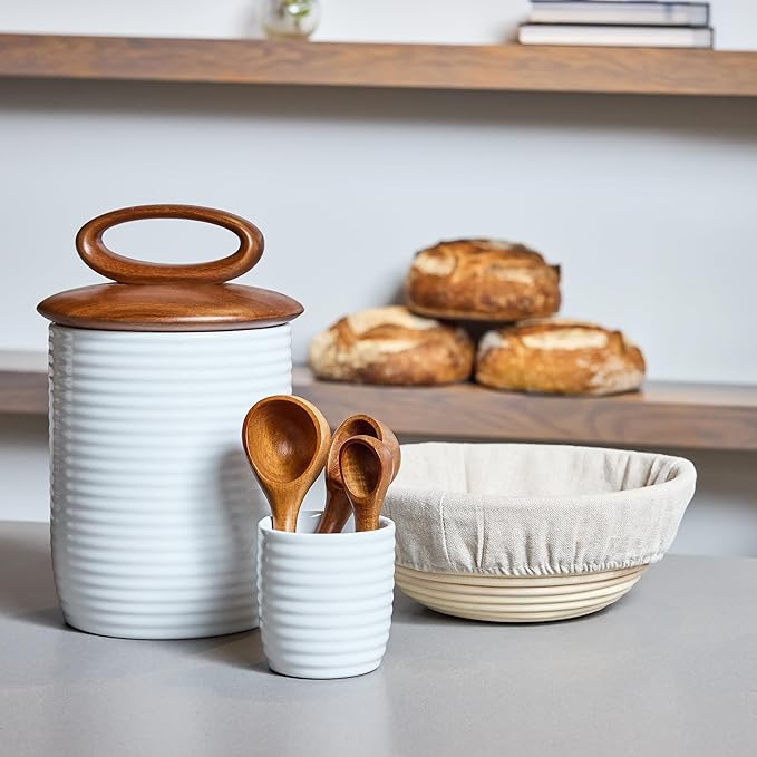 Nambe x Tom Papa Breaking Bread Canister, 8" x 6" - Modern Ceramic Storage Jar with Acacia Wood Lid & Silicone Seal - Stoneware Kitchen Pantry Container for Baking & Cooking (Small)