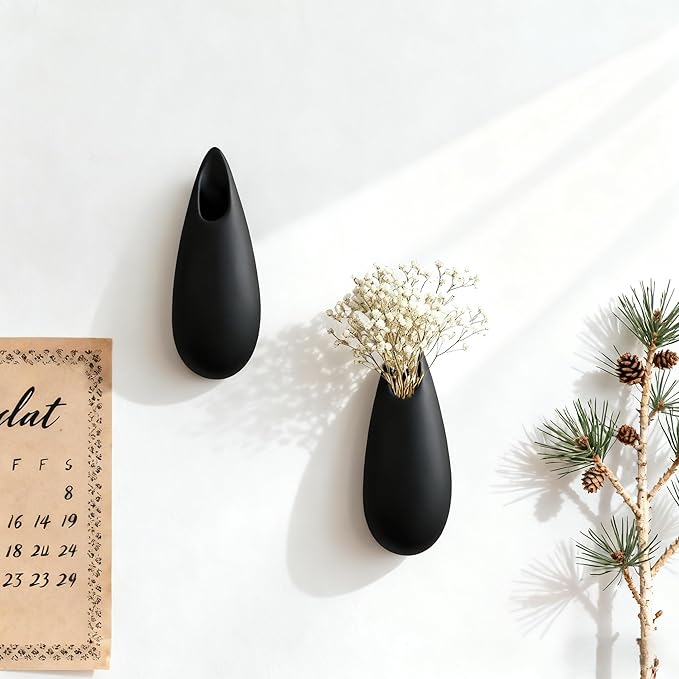 Sculptural Wall Ceramic Vase — 2 Pack Black Hanging Sconce Vase | Turn Flowers into Art — Decorative Ceramic Wall Sconce for Single Stem Displays