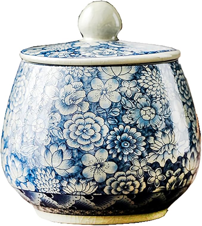Vintage White and Blue Ceramic Portable Tea Caddy Tea Canister Tea Storage Container Tins Jar with Airtight Lid for Tea, Coffee, Herb, Sugar, Spice, Nuts, 9 OZ