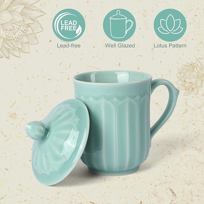 Porcelain Lotus Tea Cup with Lid and Handle, 12 oz Unique Coffee Mug, Microwave Dishwasher Safe, Gifts for Women and Men, Aesthetic Chinese Celadon 1 Pack (Sky Blue)