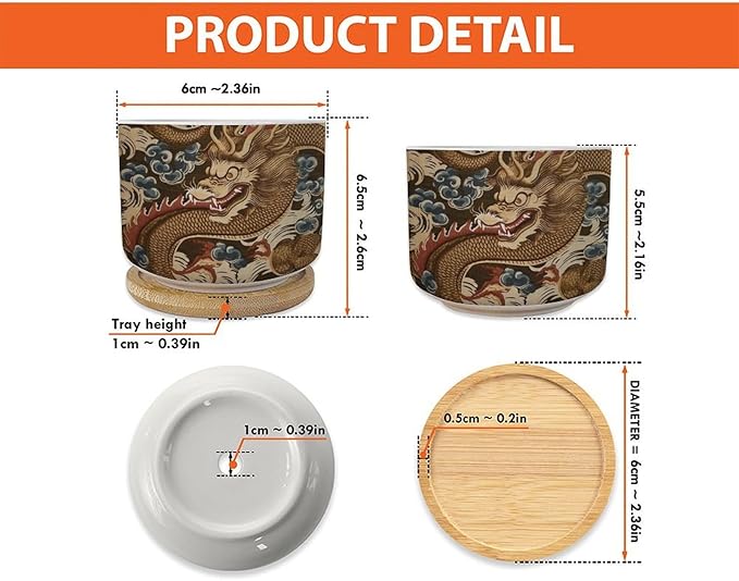3 Piece Antique Chinoiserie Dragon Small Ceramics Planter Chinoiserie Flower Pot Planter with Drainage Bamboo Trays Dragon Gold Oriental Style Asian Ceramics Pots for Plants