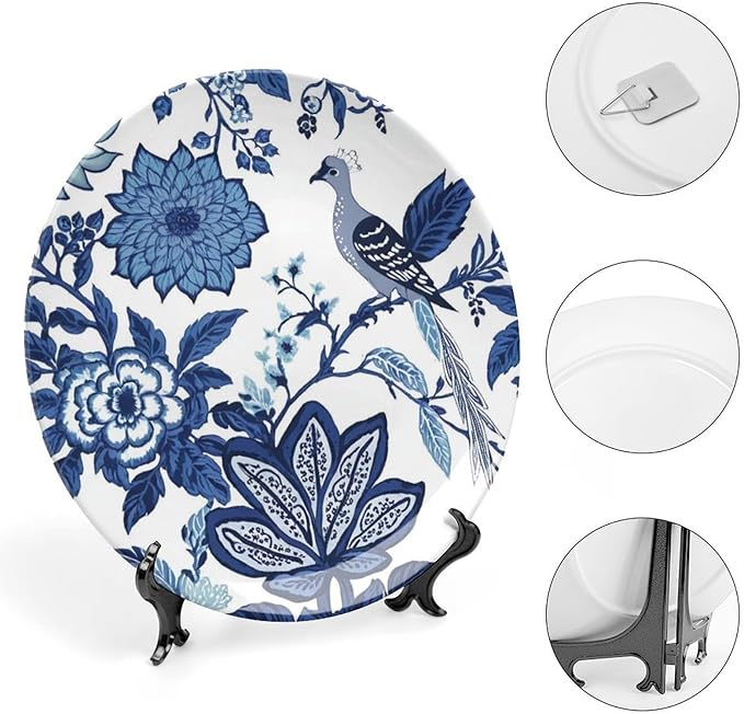 Vintage Plates Blue Indigo Floral Chinoiserie Custom Decor for Farmhouse Office Club Wall Wall Hanging Decorative Plate Including Bracket And Special Hook, Multi Sizes, Gifts for Men Women
