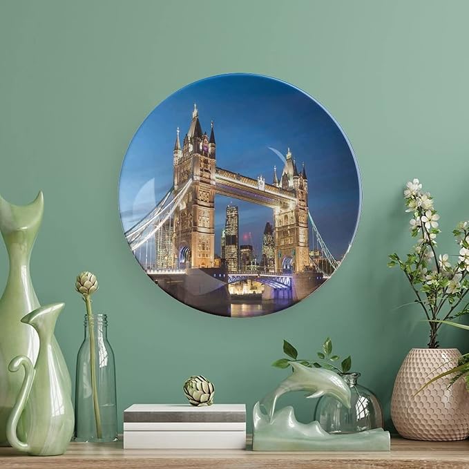 XISUNYA 7 Inch Decorative Plate, London Ceramic Stoneware, Scenery of Landmark Tower Bridge at Twilight Print Ceramic Wall Hanging for Home Office Party Dinner Table Decor, Blue and Ivory