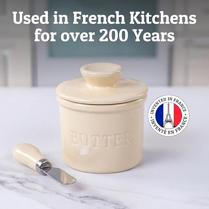 PriorityChef Butter Crock with Lid with Water Line,Ceramic French Butter Dish to Leave On Counter, Cannoli Cream