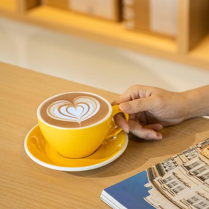 Loveramics Latte Art Mug with Saucer, 10 oz Ceramic Coffee cups with Round Bottom for Latte, Cappuccino, Tea, Espresso, Thick-walled Stoneware Cup Set for Barista - Regular Colours (Yellow, 10OZ)