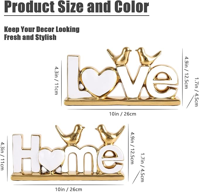 Ceramic Love & Home Sign Decor with Bird Statues Set 2,10" Modern White Gold Tabletop Sculptures for TV Stand,Floating Shelf & Entryway,Romantic Wedding & Warm Housewarming Gift Set (White)