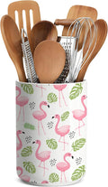 Utensil Holder,Pink Countertop Ceramic Utensil Holder Large Cooking Utensil Crocks for Kitchen Counter Decor, Morden Organizer,Ceramic Vase for Kitchen Utensils, Spatula Rack,6.3"+4.7"(Flamingos)