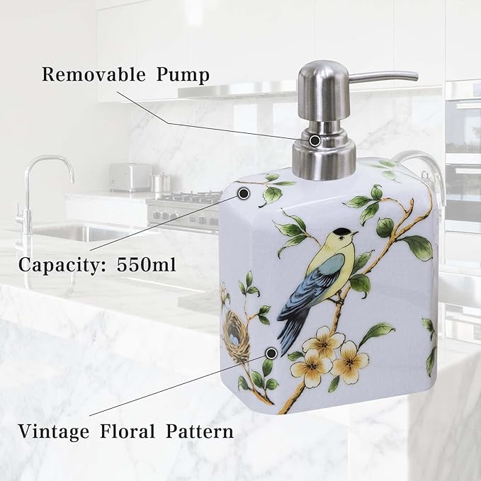 Ceramic Soap Dispenser, Decorative Flower Liquid Hand Soap Dispenser, Empty Refillable Lotion Bottle with Removable Pump for Bathroom Kitchen Countertop - White, 18.6 oz