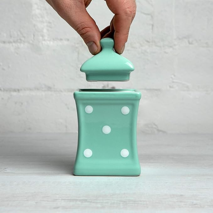 City to Cottage Handmade Teal Blue and White Polka Dot Small 5.3oz/150ml Ceramic Kitchen Herb, Spice, Storage Jar with Lid, Pottery Canister, Housewarming Gift