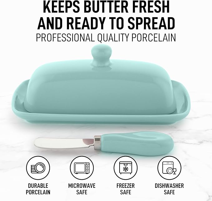 Zulay Butter Dish With Lid For Countertop - Porcelain Mint, Ceramic Butter Dish with Knob Handle Great for Cooking - Elegant Design Butter Holder - Durable & Sturdy Butter Keeper - Mint