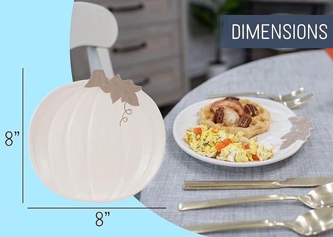 Nat & Jules Pumpkin Shaped 8 x 8 Inch Ceramic Small Dining Plates: Perfect for Thanksgiving, Halloween and Indoor Fall Table Décor & Service - Set of 4, White