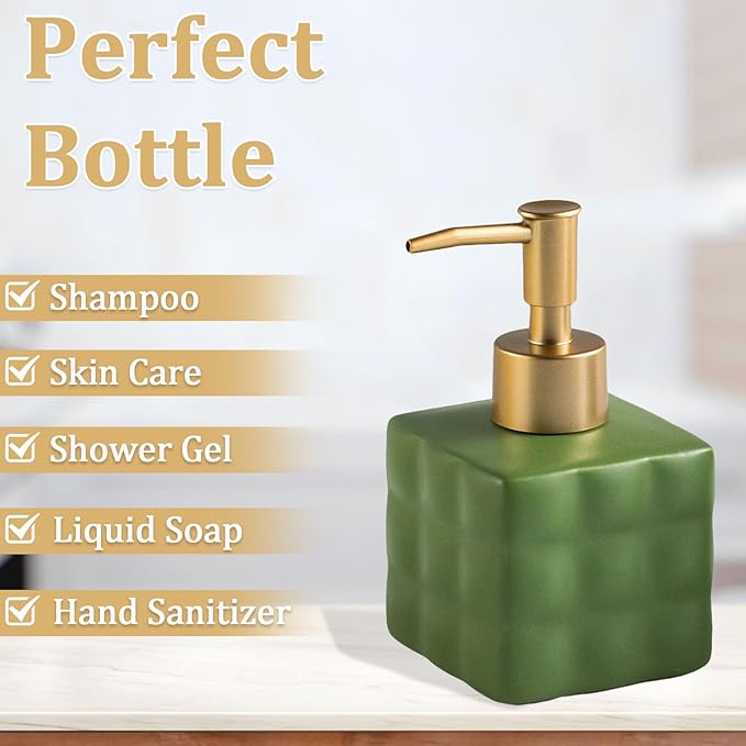 Hand Soap Dispenser Dish Cube Soap Dispenser Countertop 7.44 FL OZ. /220 ML Hand Lotion Pump Bottle Ceramic Lotion Container Liquid Hand Soap Jar Shower Dispenser Kitchen Bathroom Décor (Green)