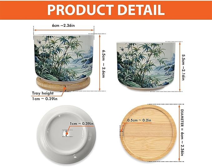 Blue Green and White Asian Scenery Small Ceramics Plant Pot Set of 5 Green Bamboo and Flower Ceramics Pots for Plants with Drainage and Bamboo Tray Oriental Chinoiserie Houseplant Pot