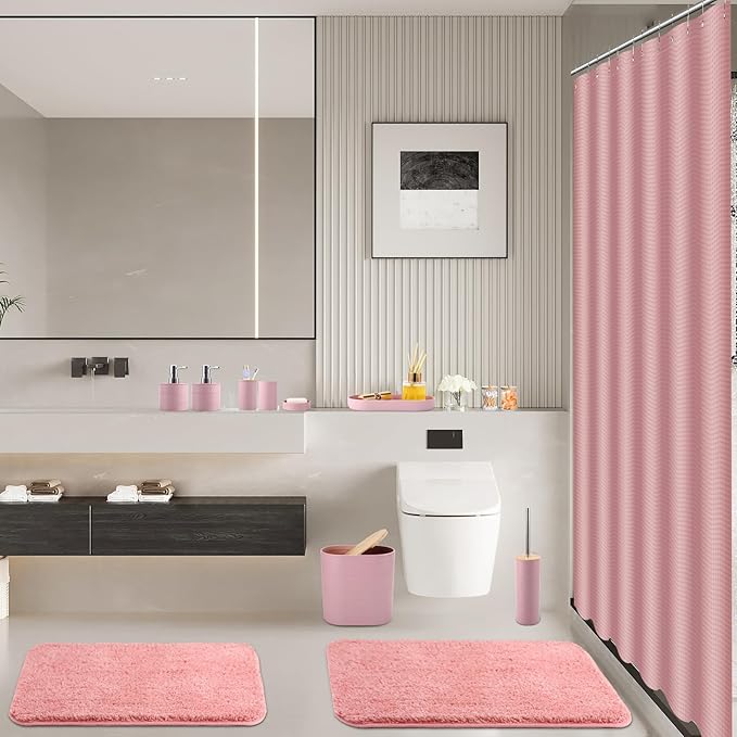 Bathroom Set - Pink Bathroom Accessories Set, Bathroom Sets with Shower Curtain and Rugs, 25PC Shower Curtain Set with Hooks, Soap Dispenser, Soap Dish, Toilet Brush Holder and Trash Can