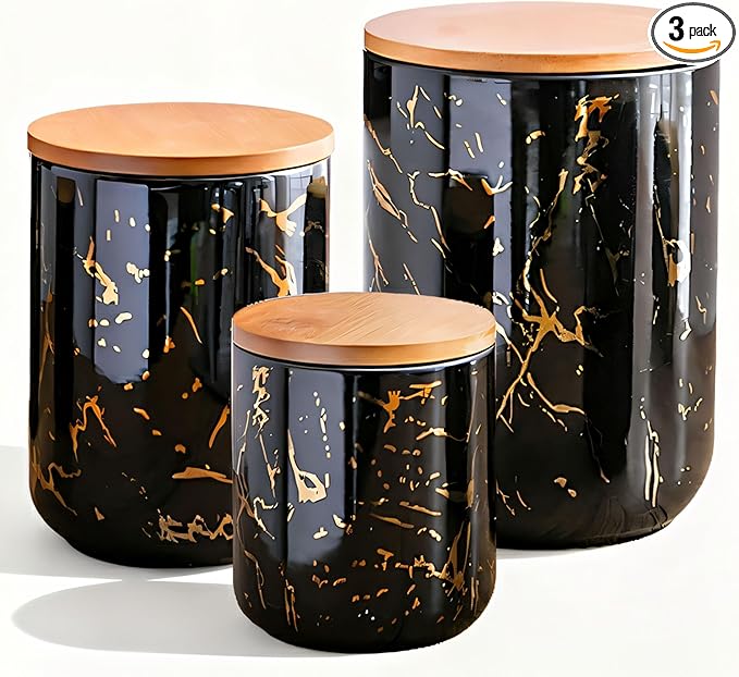 JOJUNO Black Ceramic Canister Set with Bamboo Lid – 3-Piece Airtight Food Storage Jars for Kitchen Counter – Glossy Marble Design, Ideal for Flour, Sugar, Coffee, Tea, Spice – Small, Medium, Large