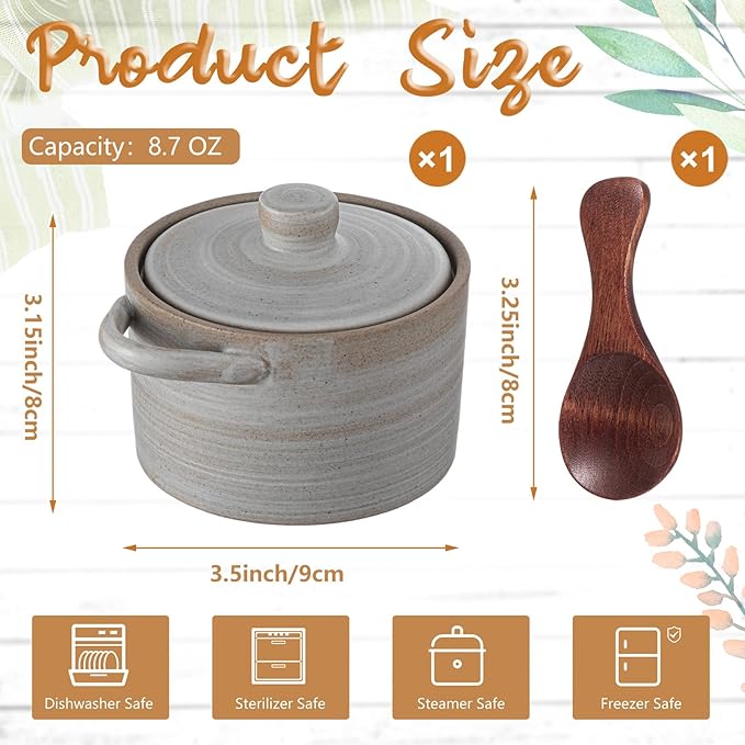 Honeydak Speckled Ceramic Salt Cellar with Lid and Wooden Spoon, Rustic Farmhouse Salt Pepper Cellar Holder for Valentines Day,Housewarming Gift, Heavyweight Spices Jar(Threaded Gray,1 Set)