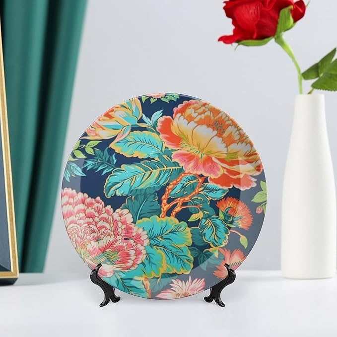 Chinoiserie Peony Floral Decorative Plate, Custom Asian Scenic Chic Chinoiserie Wall Decorative Plate, Club Housewarming Gifts Decorations Art Decoration, Including Bracket And Special Hook