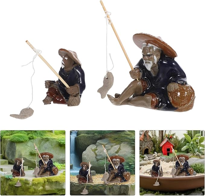 YARNOW 2pcs Mini Fisherman Figurines Ceramic Zen Garden Decor Fishing Sculpture for Aquariums Bonsai Fairy Gardens Durable Asian Zen Decoration for Home and Outdoor Use
