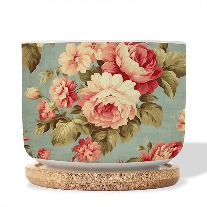 Pink Cabbage Roses Romantic Planters Ceramics Set of 1 Cottage Chic Antique Pink Flower Succulent Pot for Indoor with Bamboo Tray Japanese Chinoiserie Small Pot for Flowers