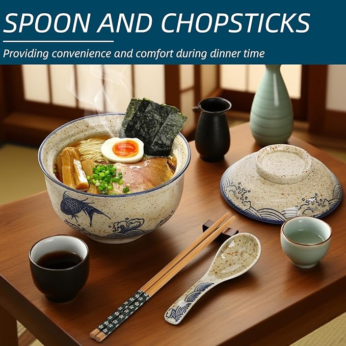 2 Pieces Ceramic Ramen Bowls, 25 Oz Large Soup Bowl with Lid, Spoon, Chopstick, Hand-painted Japanese Tableware for Noodles, Salad, Rice, Microwave Dishwasher safe