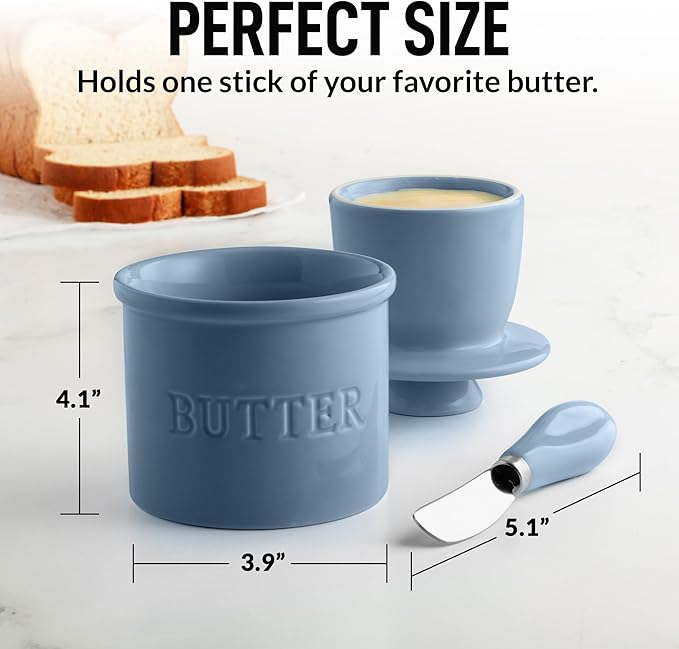 Zulay Kitchen Bell Shaped Butter Crock with Lid for Countertop with Water Line & Spreader Knife, Ceramic French Butter Dish Keeper For Fresh, Soft & Spreadable Butter - Blue-Gray